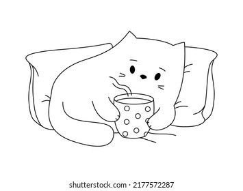 The cat is lying on the couch with a cup of coffee. Picture for coloring.