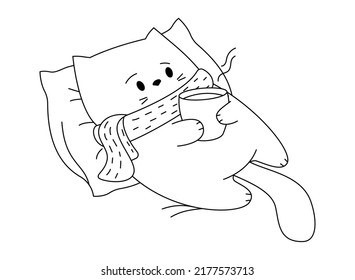 The cat is lying on the couch with a cup of coffee. Picture for coloring.