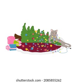 Die Katze liegt auf dem Boden mit Weihnachtsbaum mit Weihnachtsbeleuchtung. Vektorgrafik