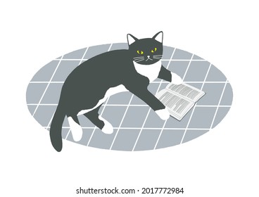 Cat lying on the oval carpet with open book. Illustration of cat reading book. Cozy home concept. Reading and relaxing at home