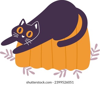 Cat Lying On Pumpkin Vector Illustration