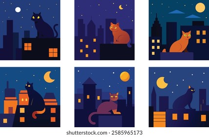 a cat lying on a rooftop watching the glowing cit