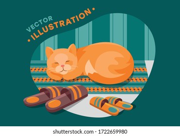 A cat lying on a rug next to slippers. Homeliness, atmosphere of calm, peace and silence. Vector flat style illustration for social media, greeting card.