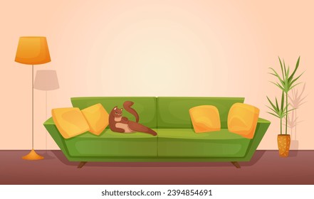 Cat lying on sofa in living room cozy interior vector illustration. Cartoon green retro couch with brown kitten and yellow pillows decor, lamp and plants in living room of home apartment or hotel