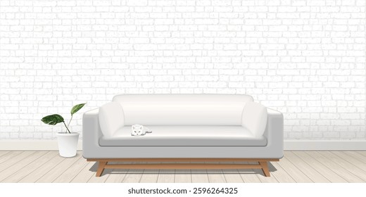 A cat lying on sofa in living room with white brick block wall and whitewashed wooden floor graphic illustration have blank space.
