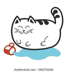 The cat lying on its stomach in a puddle, the cat knocked over the mug. Hand-drawn cat character. Outline. Isolated on a white background.