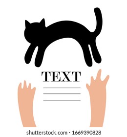 A cat lying on a white background and hands are reaching for it, between them there is a place for text.
