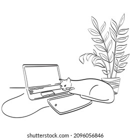 cat is lying on a white the laptop keyboard. Vector Illustration Sketchy. Black and white isolated on a white background