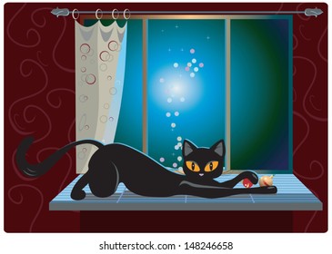 Cat lying on the window on Christmas Eve