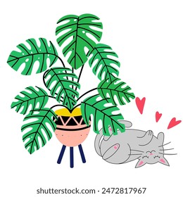 Gato acostado debajo de la planta monstruosa, Ilustración vectorial linda que se adapta para una tarjeta, pegatina o sublimación