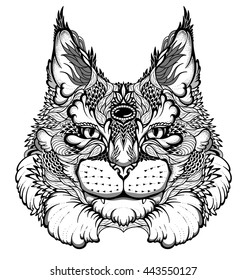 Cat / lynx head tattoo. psychedelic / zentangle style vector illustration