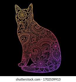 Cat made a floral pattern with Oriental ornaments. Hand drawn decorative animal in Doodle style. Colored rainbow decoration on black background for stamp, cover, print, label and books.