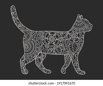 Cat made a floral pattern with Oriental ornaments. Hand drawn decorative animal in Doodle style. Stylized decoration of mehndi for tattoos, stamps, covers and books. Art is stylized chalk pattern.