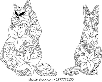 Cat made a floral pattern with Oriental ornaments. Hand drawn decorative animal in Doodle style. Stylized decoration of mehndi for tattoos, stamps, covers, books and coloring.
