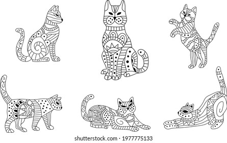 Cat made a floral pattern with Oriental ornaments. Hand drawn decorative animal in Doodle style. Stylized decoration of mehndi for tattoos, stamps, covers, books and coloring.
