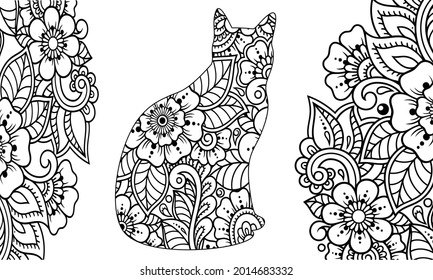 Cat made a floral pattern with Oriental ornaments. Hand drawn decorative animal in Doodle style