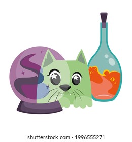 Cat with magic ball and bottle of potion. Halloween character in cartoon style