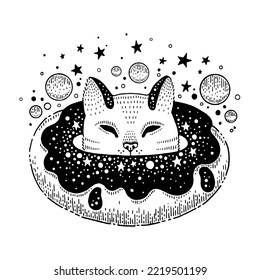 Cat in magic space donut. Cute  patch sticker, kawaii badge. Girl universe animal. Cartoon doodle food vector. Sleeping cat, donut cake. Fantasy graphic. Pop 90s icon. Cool children pin. Funny cafe