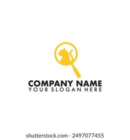 Cat and magnifying glass logo. Isolated outline vector on white background.