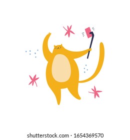 Cat make selfie photo in happy time. Palm leaves background. Make yourself photo. Summer rest time. Hand drawn flat clipart. Scandinavian cartoon illustration.