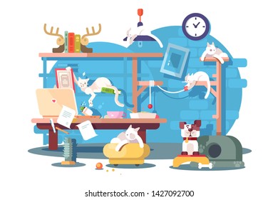 Cat making mess at home vector illustration. Cute kittens and dog have fun together flat style concept. Little pets lying on bookshelves poof and chandelier