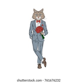 cat man dressed up in suit with flowers, romantic characte

