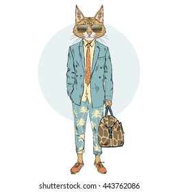 cat man dressed up in summer suit, furry art illustration, fashion animals