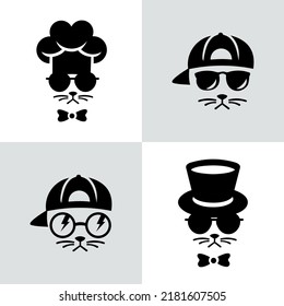 Cat Man With A Hat And Glasses, Cat Head Wearing A Chef Hat, Cat Dressed In Retro Style