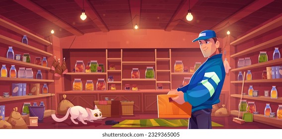 Cat and man in home larder holding box vector background room. Organise shelf in pantry storage with jar, mop, preservation, wooden floor and male character in cap. Basement game scene with pet