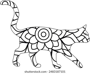 Cat mandala coloring page for children and adults. Hand drawing vector illustration in black outline on a white background.