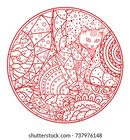 Cat. Mandala. Hand drawn animal with abstract patterns on isolation background. Design for spiritual relaxation for adults. Outline for t-shirts. Print for polygraphy, posters and textiles. Zen art