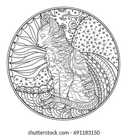 Cat. Mandala. Hand drawn zendala with abstract patterns on isolation background. Design for spiritual relaxation for adults. Black and white illustration for coloring. Zen art. Decorative style