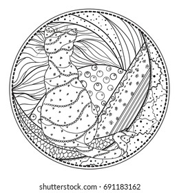 Cat. Mandala. Hand drawn zendala with abstract patterns on isolation background. Design for spiritual relaxation for adults.  Black and white illustration for coloring. Zen art. Decorative style