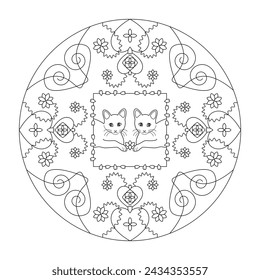 Cat Mandala with Hearts and Flowers. Coloring page. Art therapy.	