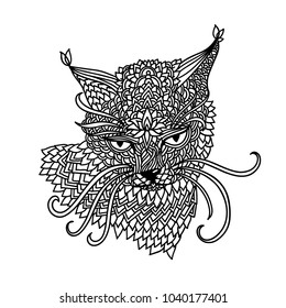 Cat in mandala pattern style. Zentagle black and white background. Adult coloring book. Vector illustration.