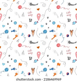 Cat map for finding fish, balls, bows. Vector doodle. Labels, flags, balls, signposts. Seamless pattern.
