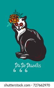 Cat with marigolds flowers. Mexican holiday Day of the Dead. Dia de Los Muertos card. Invitation poster. Halloween. Lettering "Dia De Muertos". Vector illustration.