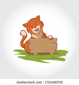 Cat Mascot Cartoon Character. Vector illustration of this cat standing behind a wooden board and smiling.
