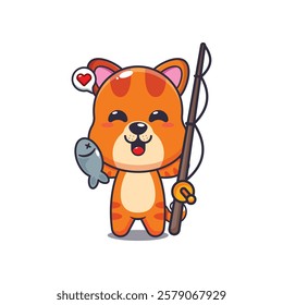 cat mascot cartoon character vector illustration catching fish with fishing rod.
design element for poster, brochure, web, mascot, sticker, logo and icon.