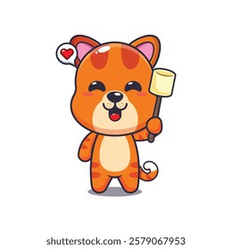 cat mascot cartoon character vector illustration eating marshmallow.
Design element for poster, brochure, web, mascot, sticker, logo and icon.