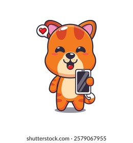 cat mascot cartoon character vector illustration with mobile phone.
Design element for poster, brochure, web, mascot, sticker, logo and icon.