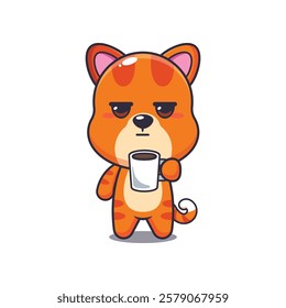 cat mascot cartoon character vector illustration is tired and sleepy holding coffee. 
design element for poster, brochure, web, mascot, sticker, logo and icon.