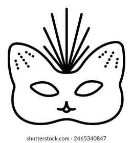 Cat masquerade mask with a crown, kitten carnival costume part, feline black line icon, editable stroke, pixel perfect