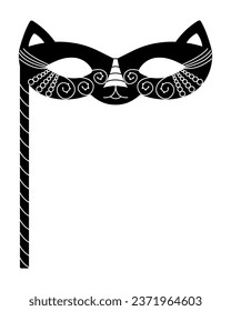 Cat masquerade mask with stick, black and white vector illustration for Mardi Gras