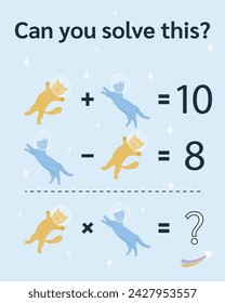 Cat Math riddle for kids and adults. Picture equations, fun picture math worksheet. Vector format