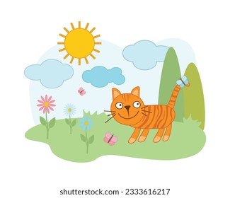 A cat in a meadow with butterflies. Cute cartoon-style cat in a clearing with flowers and butterflies. Funny children s picture. Vector illustration