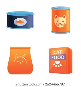 Cat meal icons set cartoon vector. Various packaged cat food. Domestic animal, care concept