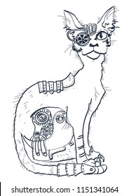 Cat with mechanical parts of body. Hand drawn animal cat with mechanical body 