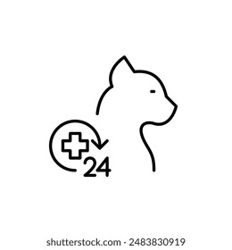 Cat and medical cross. 24 hour veterinary clinic. Instant pet healthcare and support. Pixel perfect vector icon