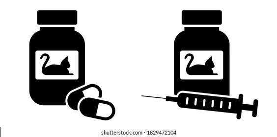 Cat medicine bottle and pills and injection needles. Container with pills and hypodermic needle or disposable syringe. Prescription medicine for animal. Flat vector cats sign.